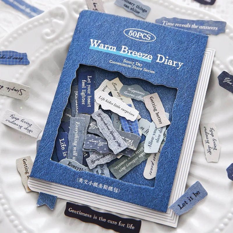 JCAC 50pcs/bag Sunny Convenience Store English Text Stickers, Aesthetic Journal Phone Back Card DIY Collage Pack