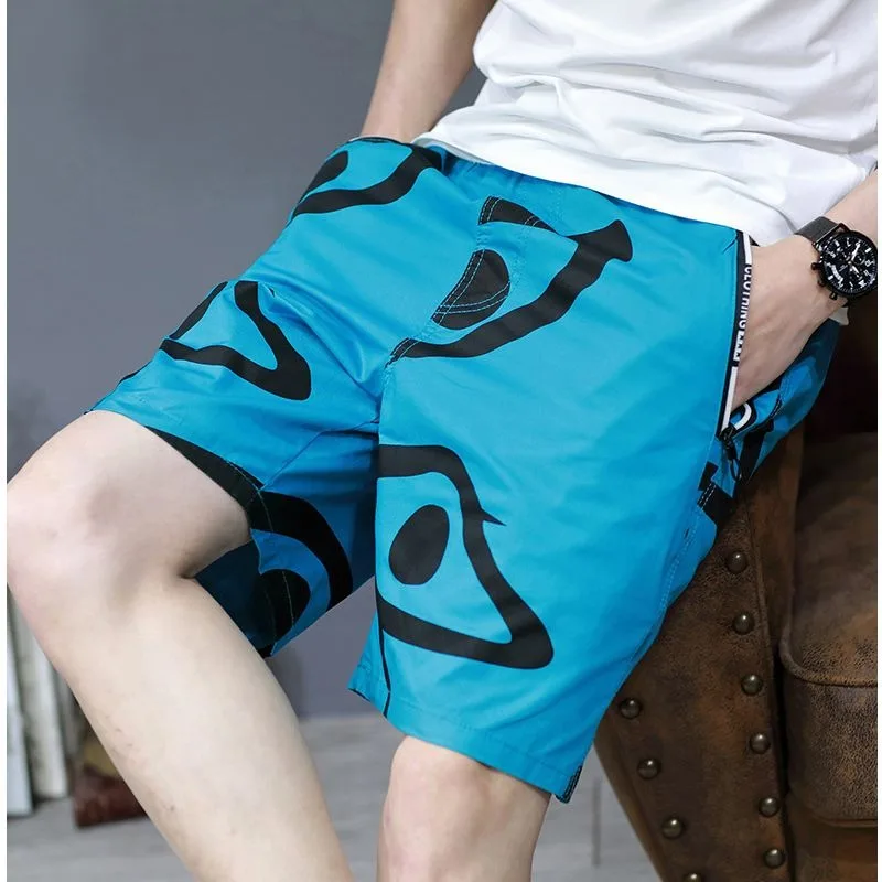 

Men's Summer Casual Abstract Print 5-Point Shorts Loose Fit Cotton Beach Shorts Plus Size In Blue