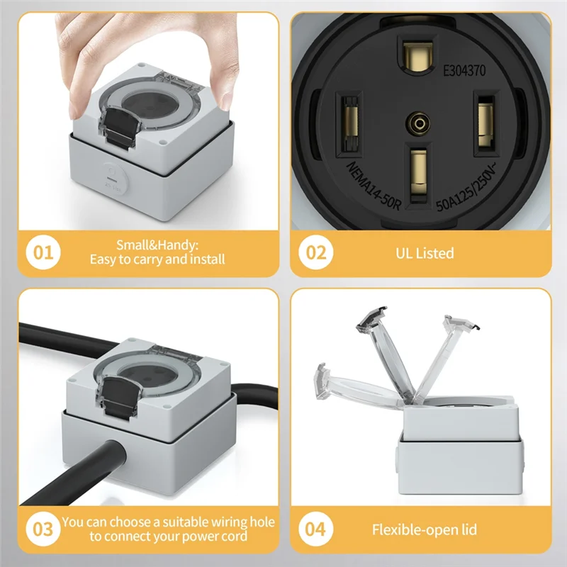 

A02M-50Amp Outdoor Power Outlet Box, NEMA 14-50R 125/250Volt Receptacle For Electric Vehicles, Dustproof And Weatherproof