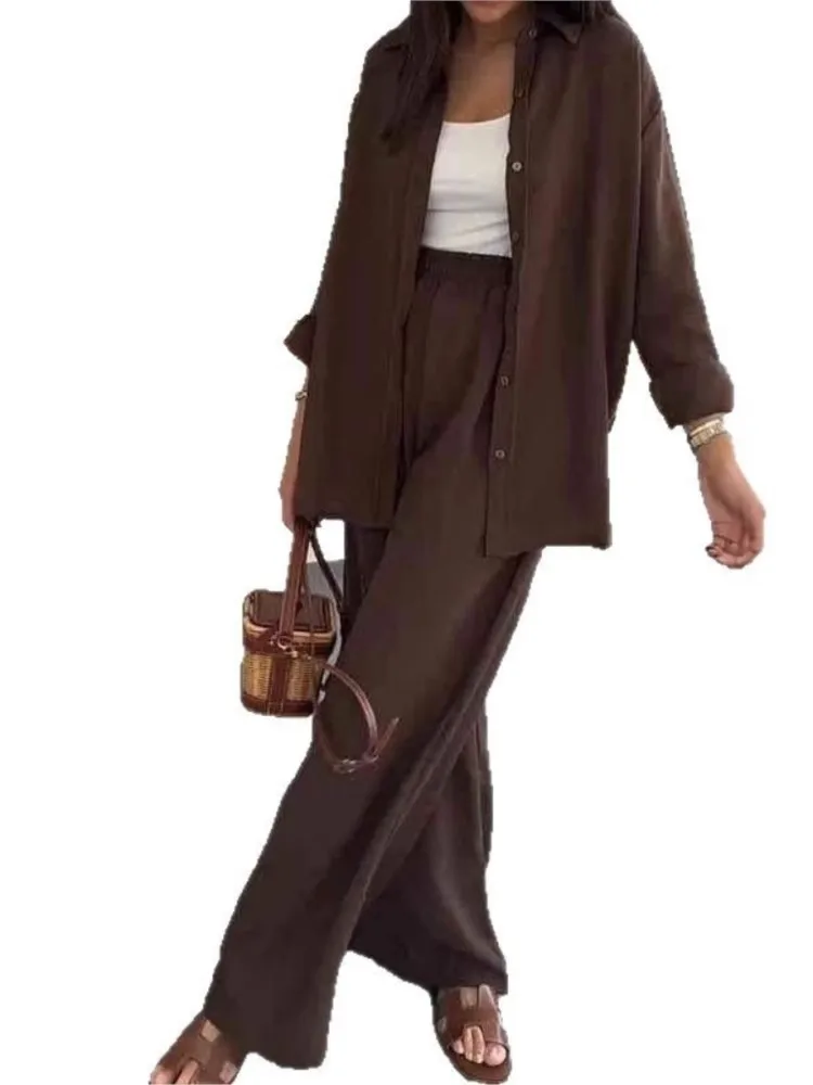 Casual Y2k Woman's Spring PantsTwo-piece Sets Fashion Single-row Buckle Flip Collar Shirt Loose Pants Suit Ladies Autumn Outfit