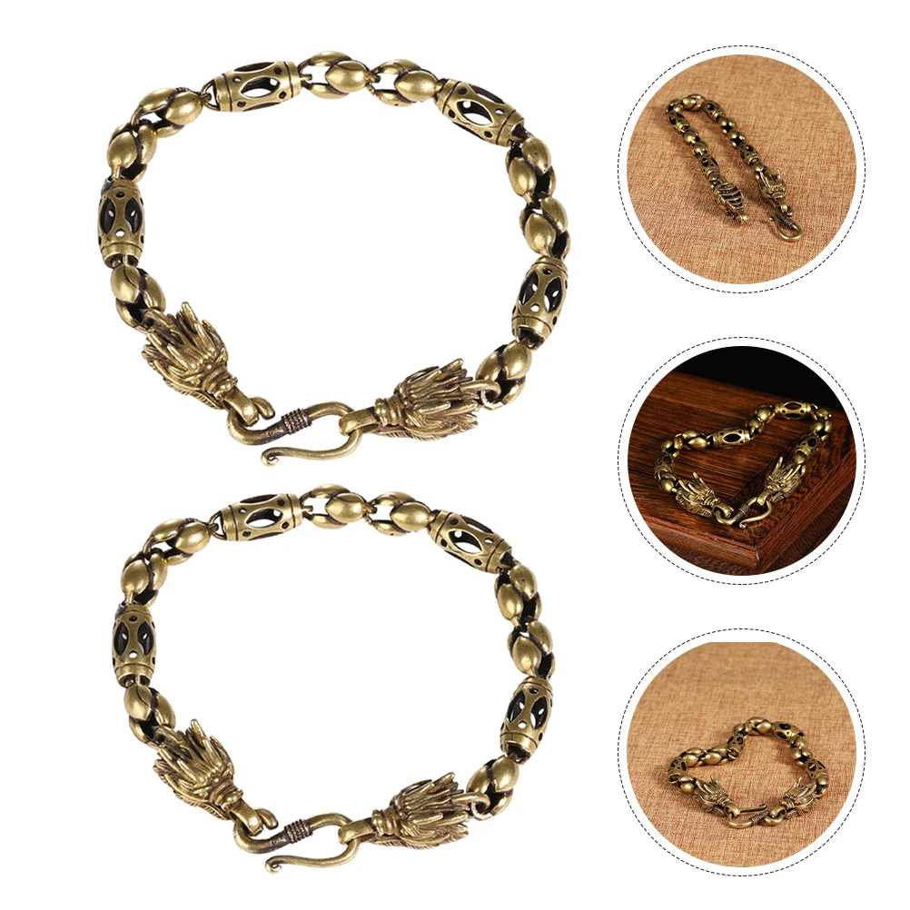 

2pcs Brass Dragon Bangle 2024 Vintage Chinese Zodiac Bracelet Head Charm Cuff Friendship Chain For Men Women