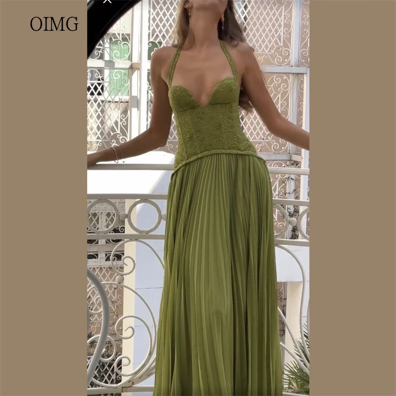 

OIMG Halter Green A Line Prom Gowns Sweetheart Neck Party Gown Floor Length Evening Dress vestidos de gala Customized