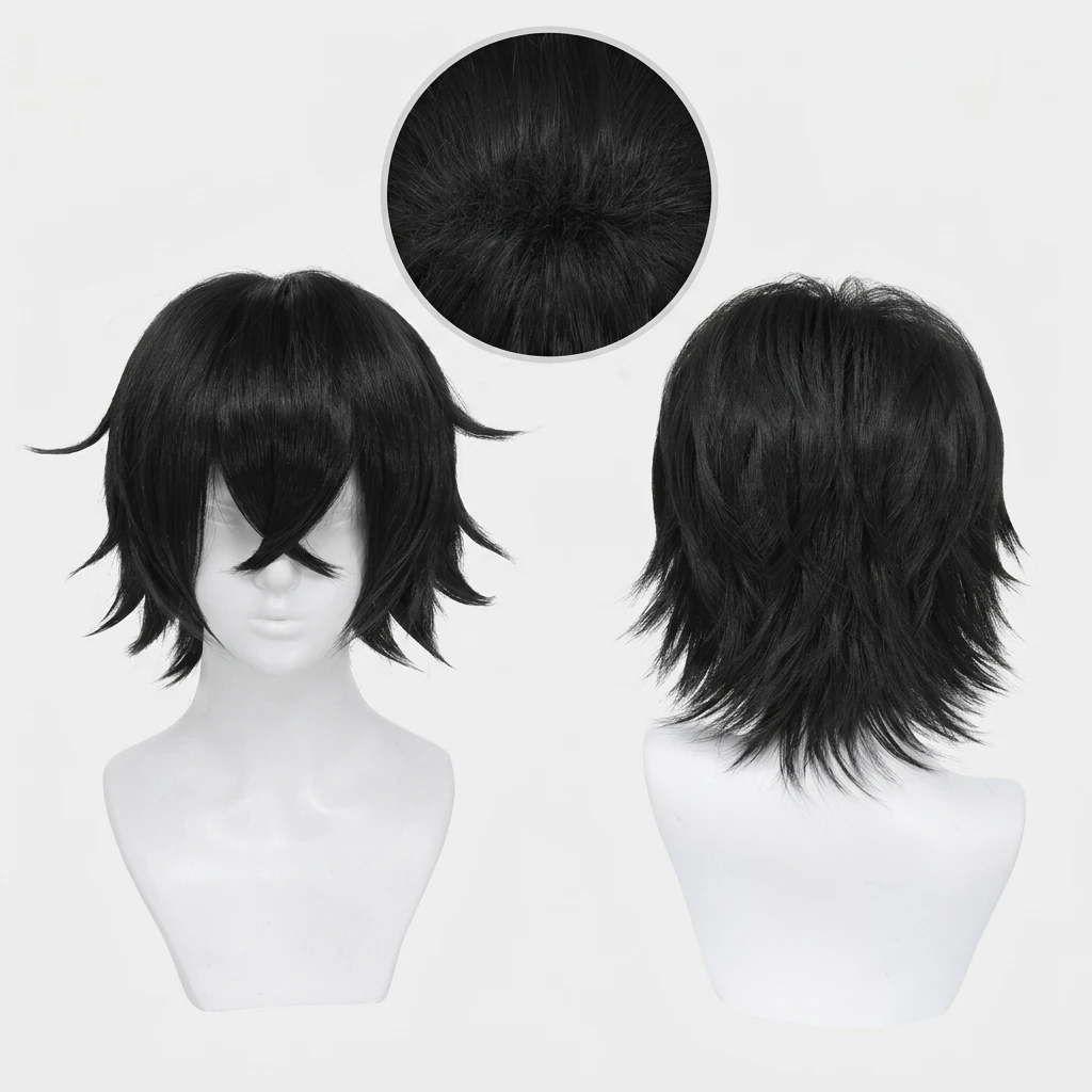 35cm Short Black Spiky Cosplay Wig Pre-Teased Crown Heat Resistant Synthetic Wig Layered Flipped-out Universal Anime Wig