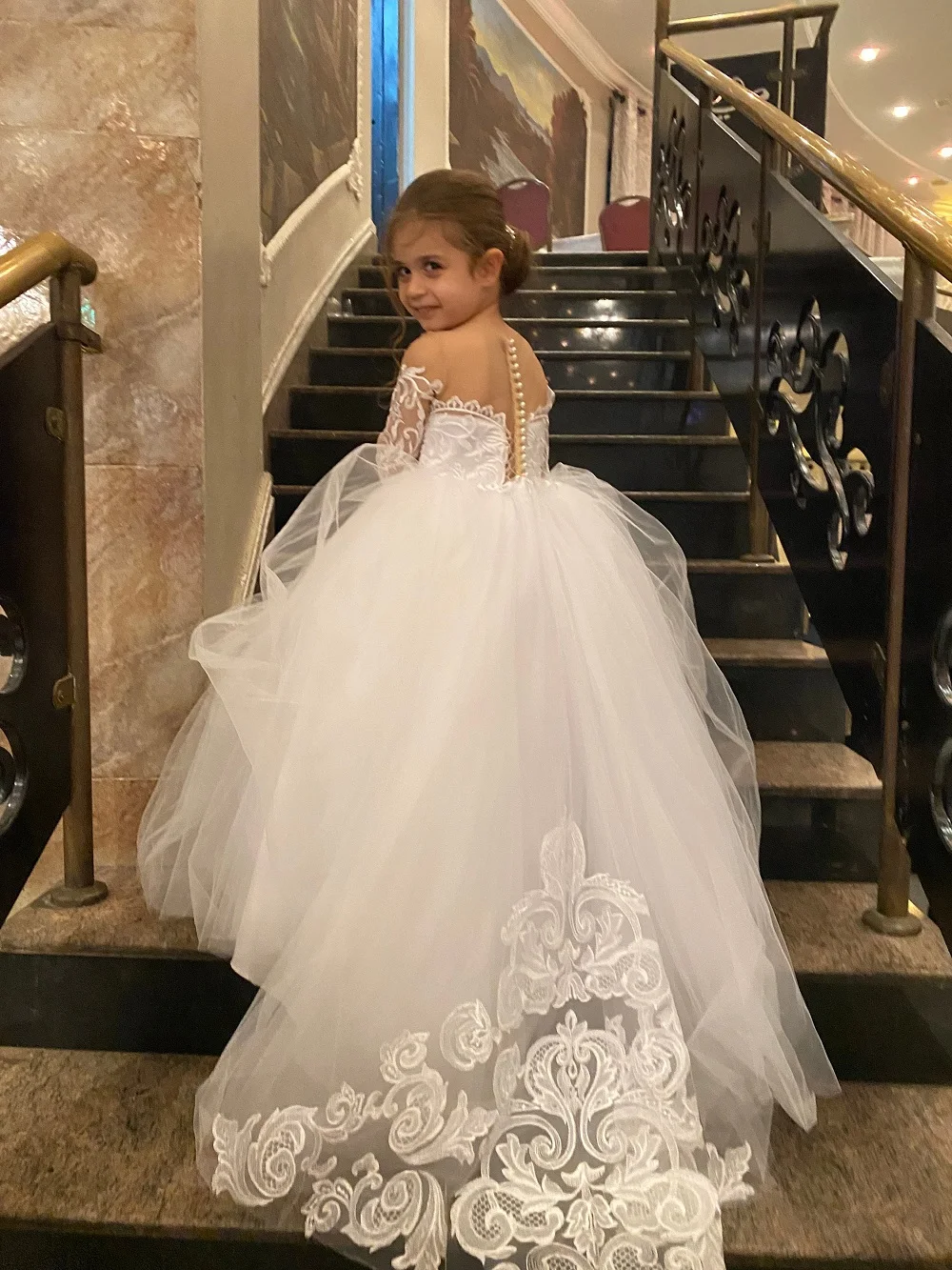 Vestido de manga larga para niña de las flores, primera comunión, marfil, champán, tul, Princesa, fiesta de cumpleaños, bebé, niño pequeño, vestido de baile, hecho en curom