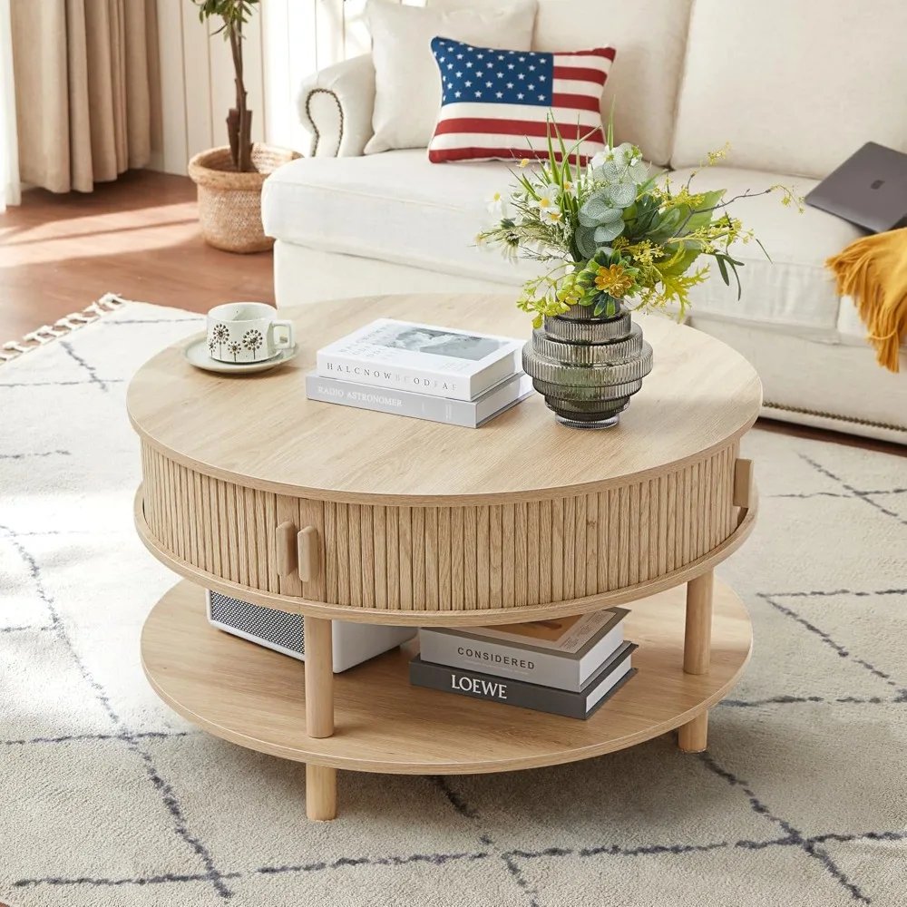 31,5" ronde salontafel met opbergruimte, houten cirkel salontafel met schuifkastdeuren, gecanneleerde eettafel Accent Center T