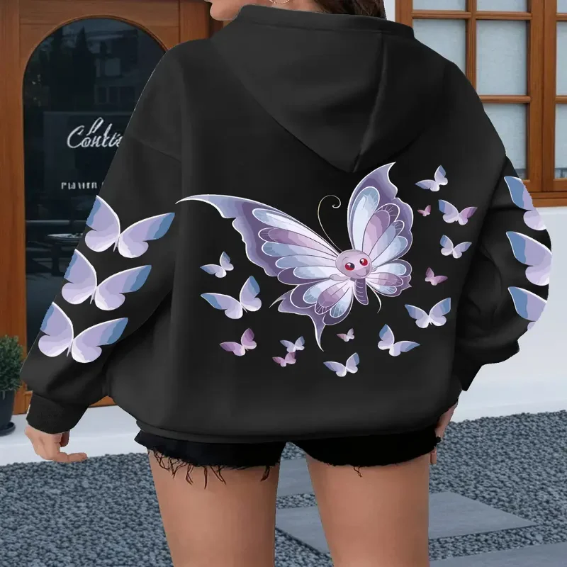 Повседневная толстовка с принтом бабочки, пуловер с женской осенне-зимней одеждой, воротник с капюшоном, большой размер, удобная толстовка