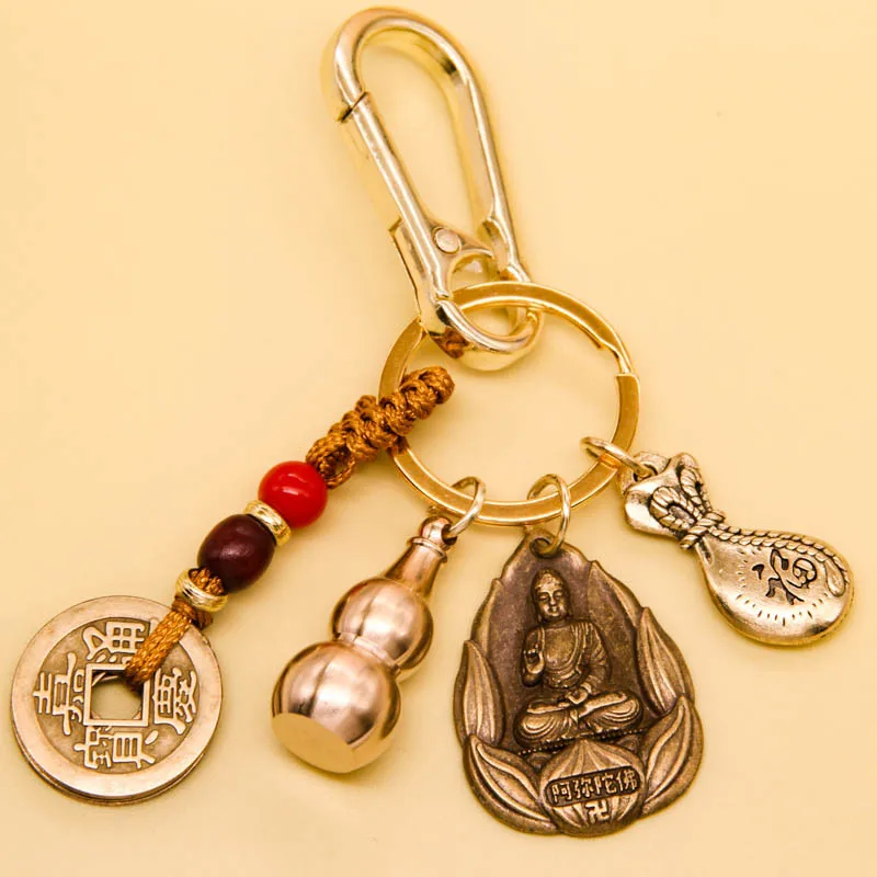 Imitation Brass Eight Patron Saints Pendant Qing Dynasty Five Emperors' Coins Brass Calabash Keychain Empty Gourd with Sand Yell