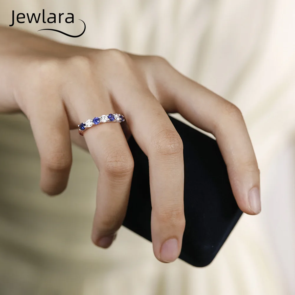 Jewlara 925 Silver Moissanite Lab-Grown Blue Gemstone 7-Diamond Row Ring for Women, Versatile Light Luxury Wedding Engagement