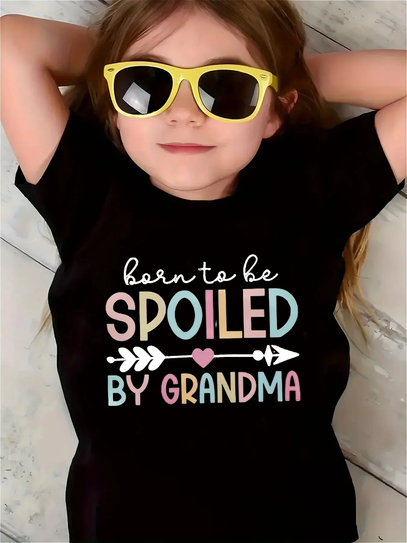 Girls' T-shirt spoiled by grandmother letter printed arrows and heart printed casual versatile round neck short sleeved top