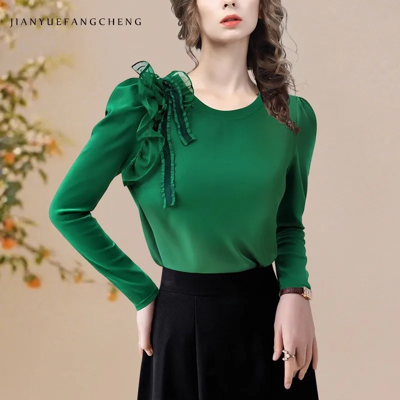 Herfst Dames Lange Mouw Ronde Hals Groen Gebreide Top Truien Met Bloemdecoratie Skinny Rekbaar Katoenen Shirt