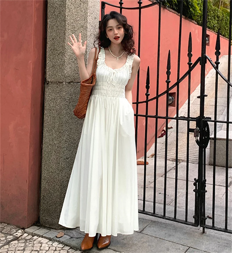 

Elegant Vestidos White Long Dress Vintage Slim Summer Light Dress Daily Casual Commuter Dresses Pretty Green Fairy Black Dress