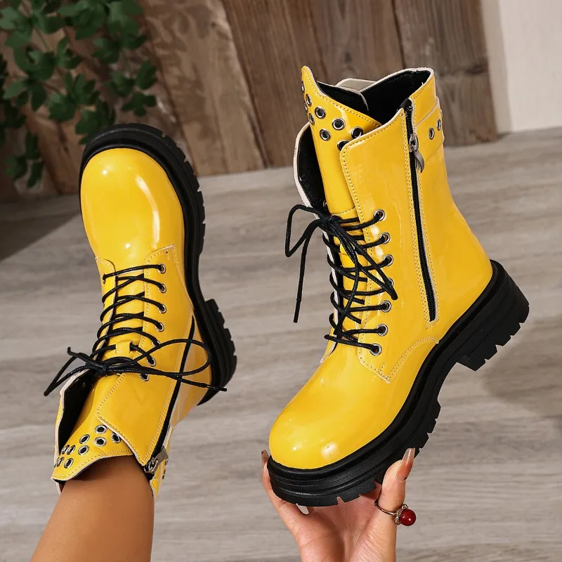 Block Heel Non-Slip Booties Women's Fashion Versatile Casual Studded Lace-Up Platform Leather Shoes