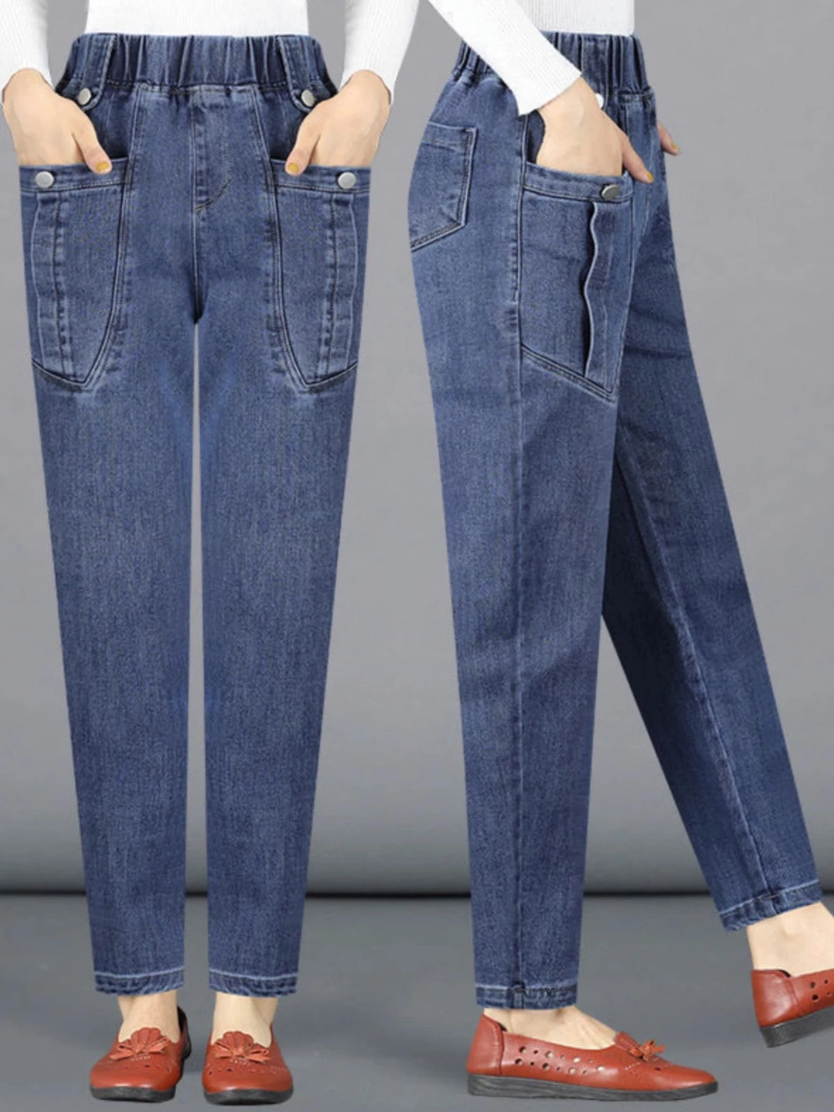 

High Waist Elastic Straight Leg Thin Mom Jeans Women's Spring Autumn Harlan Nine Point Cotton Stretch Denim Pants Long Trousers