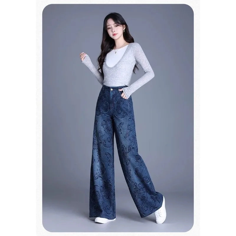 Nowe damskie spodnie jeansowe z nadrukiem, modne, jesienno-zimowe, wąskie, z wysokim stanem, z szerokimi nogawkami, damskie spodnie o prostych nogawkach.