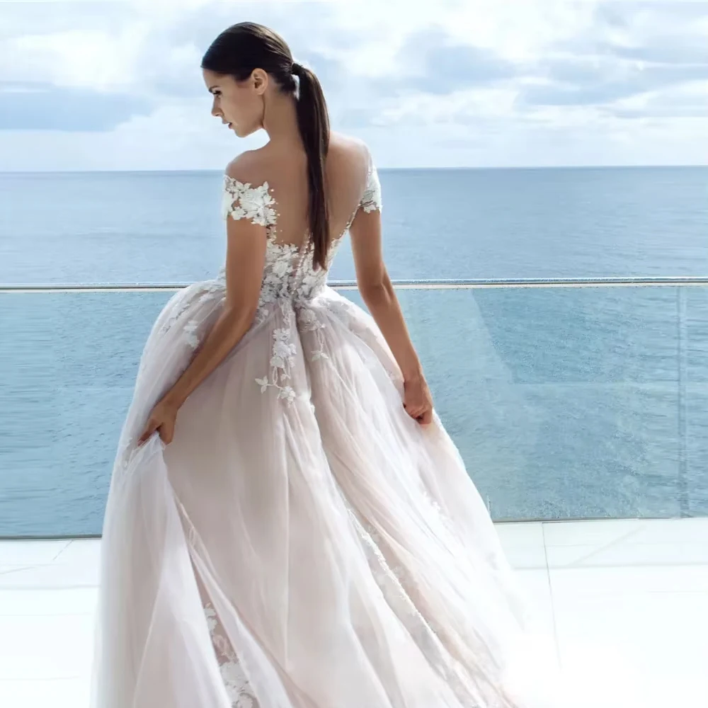 Customized Sweet Princess Off Shoulder Short Sleeve A-line Beach Wedding Dress  For Woman Bride Lace Stickers Bridal Gown