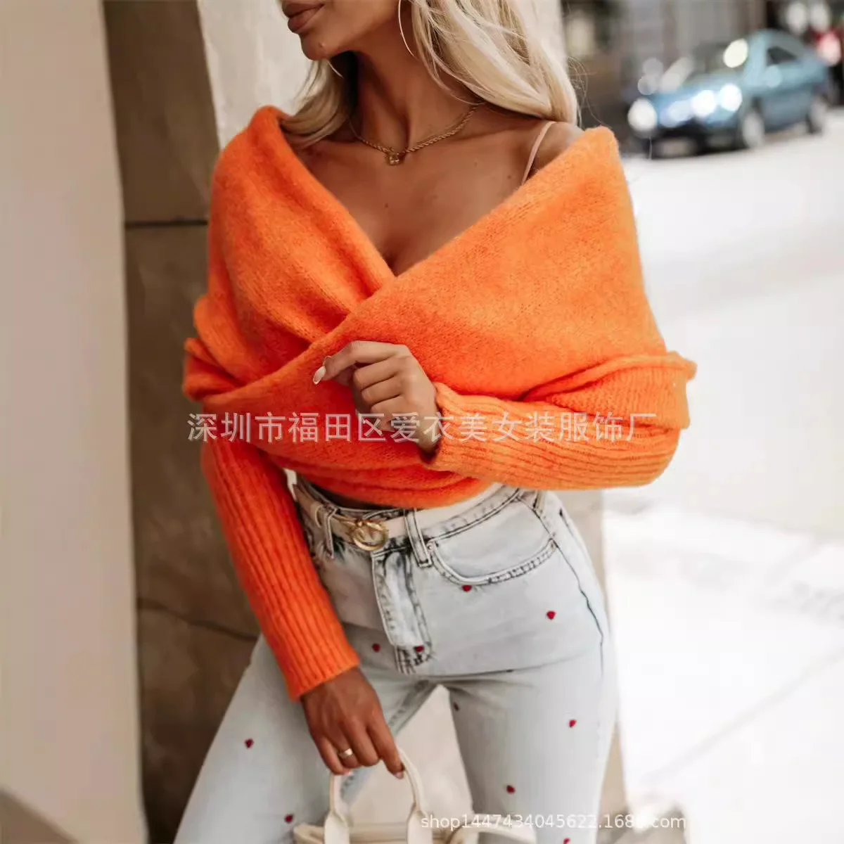 Autumn And Winter New Fashion V-neck Cross Multi-color Sweater Trend Off The Shoulder A Variety Of Ways To Wear Scarf 8 Colors