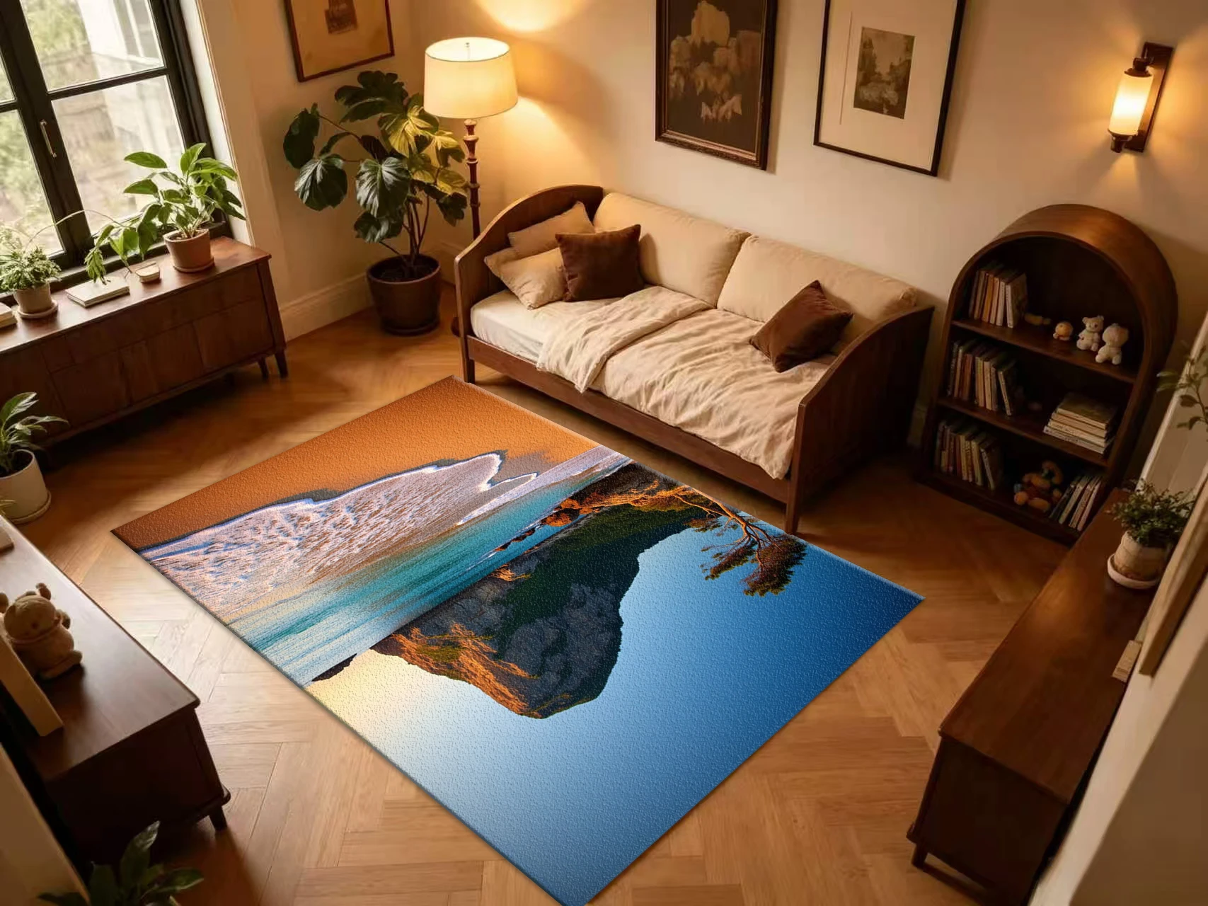 Sunset Rocky Coast Beach Scenery Carpet Flooring Turquoise Ocean Wave Mountain Landscape Floor Rug Natural Scenic Household Wall-To-Wall Decor