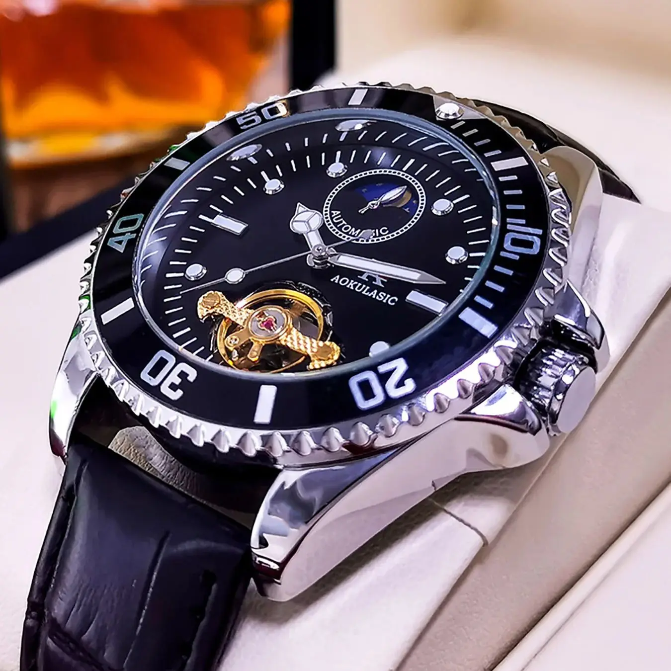 

AOKULASIC Tourbillon Mens Watches Top Brand Luxury Skeleton Automatic Mechanical Watch for Men Leather Strap Business Wristwatch