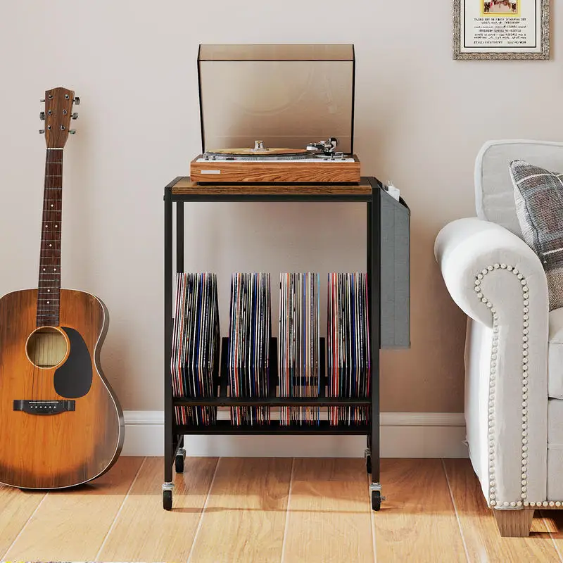 Vintage Rolling Record Player Stand, 2-Tier Turntable Console With Vertical Vinyl Storage And Magazine Pocket, Heavy Duty Metal Frame With Lockable Wheels For Living Room, Rustic Brown