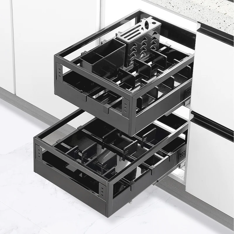 

Kitchen stainless steel drawer pull blue buffer double layer seasoning pull basket open door cabinet storage dish rack