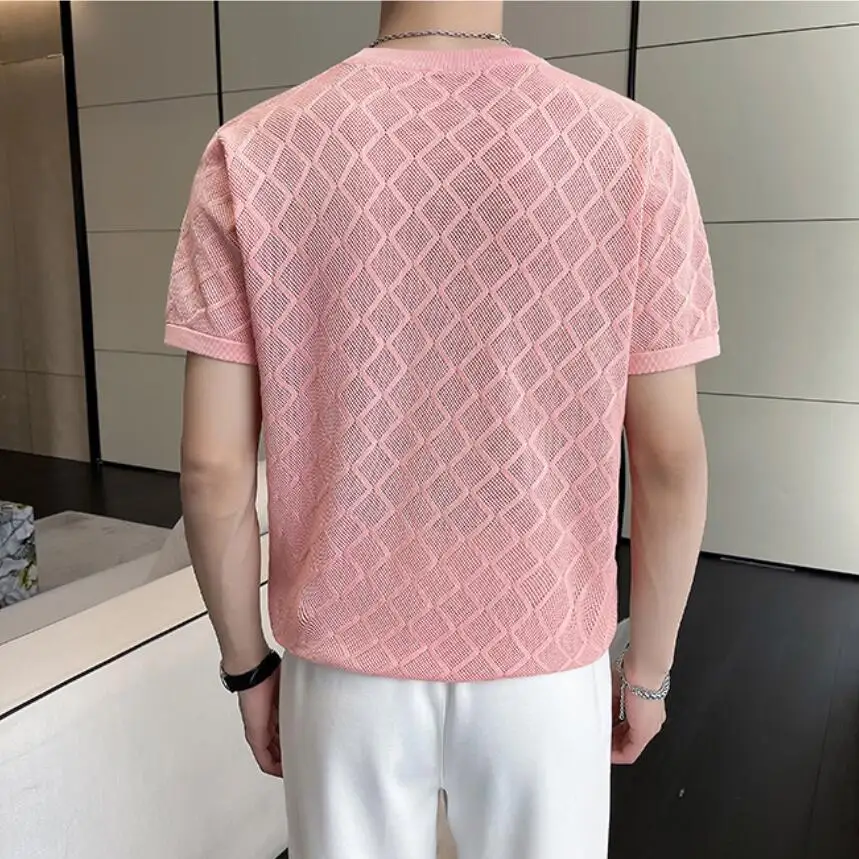 Viscose&Polyester Stretchy Luxury T Shirt For Men Short Sleeved Summer Icy Quality Hollow Silky Knitted Tees Camisetas De Hombre