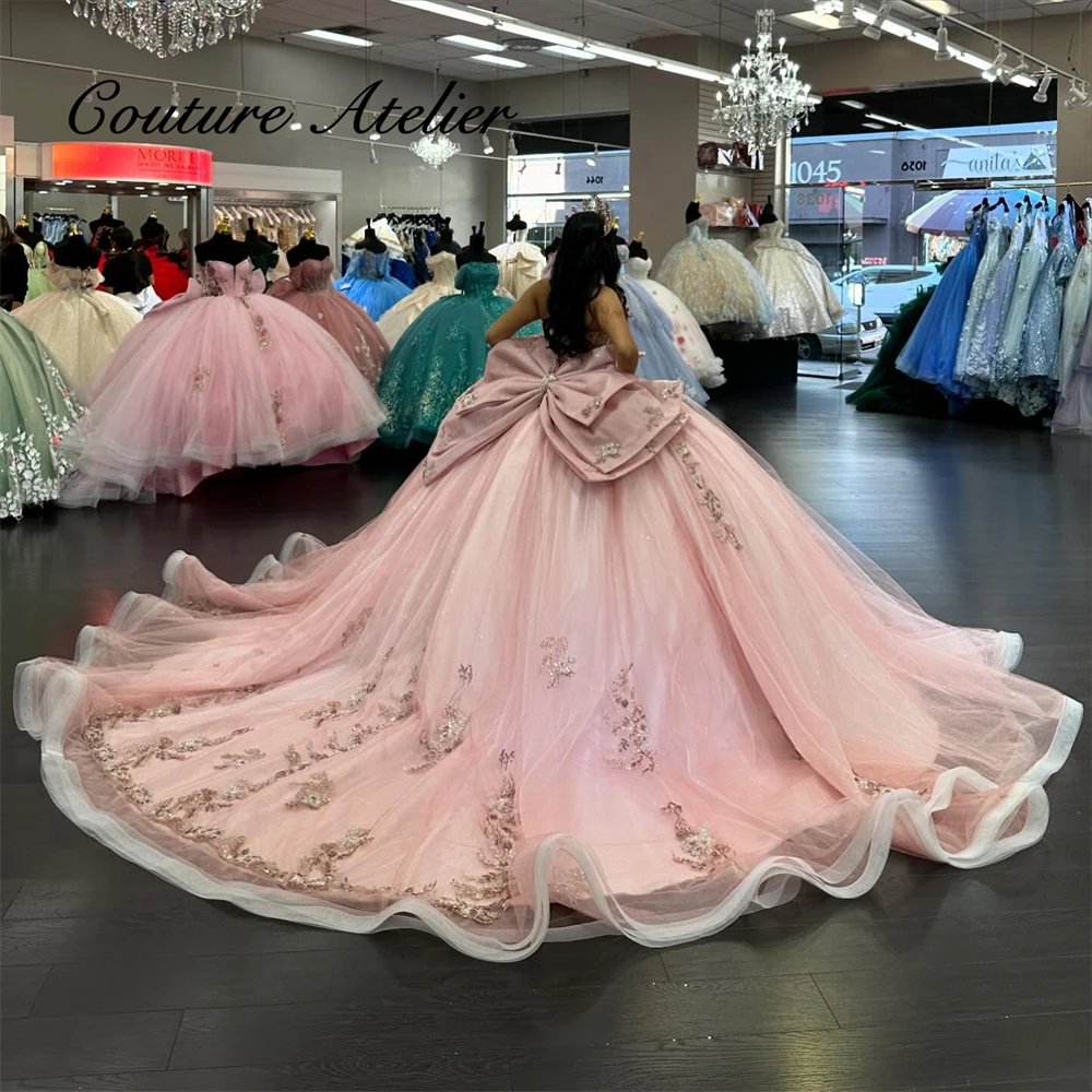 

Exquisite Pink Sweet 16 Quinceanera Dresses Rhinestones Corset Applique Ball Gown With Bow vestidos xv años nuevos Customized