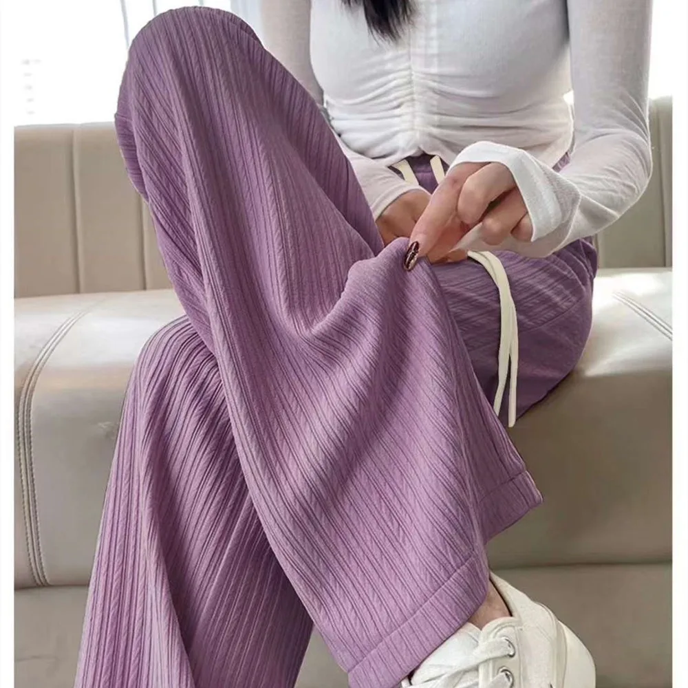 Soft Crinkle Fabric Wide Leg Pants Ultra Thin Floor Length Palazzo Pants Drapey Elastic Waist Casual Trousers Casual Look