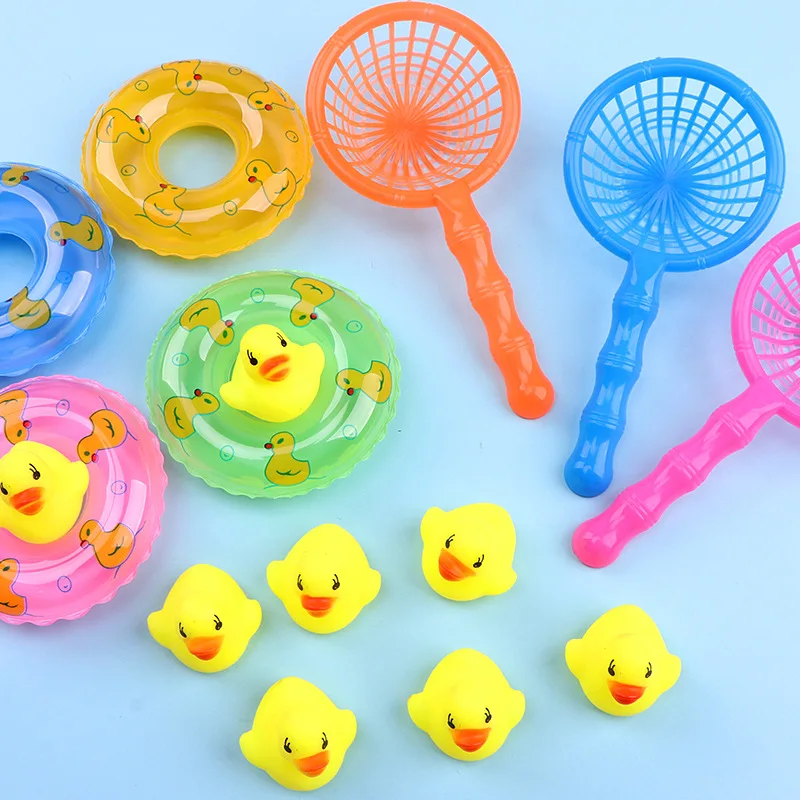 5Pcs/set Mini Swimming Rings Kids Floating Bath Toys  Rubber Yellow Ducks Fishing Net Washing Swimming Toddler Toys Water Fun