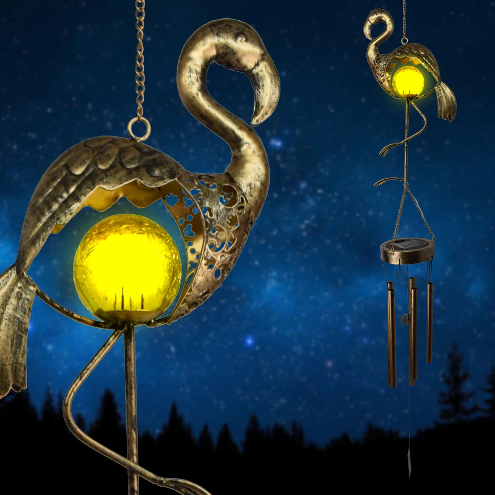 Solar Outdoor Iron Art Garden Lamp Waterproof Villa LED Burner Decoration Flamingo Ground Insert Wind Chime Lawn Landscape Light