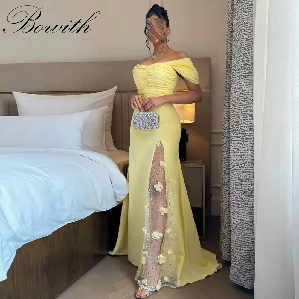 

Bowith Yellow Evening Dresses Off the Shoulder Side High Slit 3D Floral Lace Prom Dresses Customized فساتين سهرة