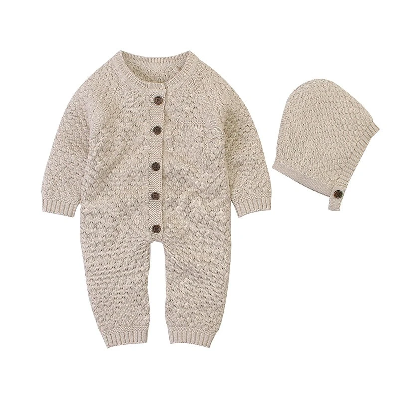 

Детский хлопковый вязаный комбинезон унисекс с шапкой для осени и зимы, однотонное боди для мальчиков и девочек, комбинезон с длинными рукавами на Хэллоуин