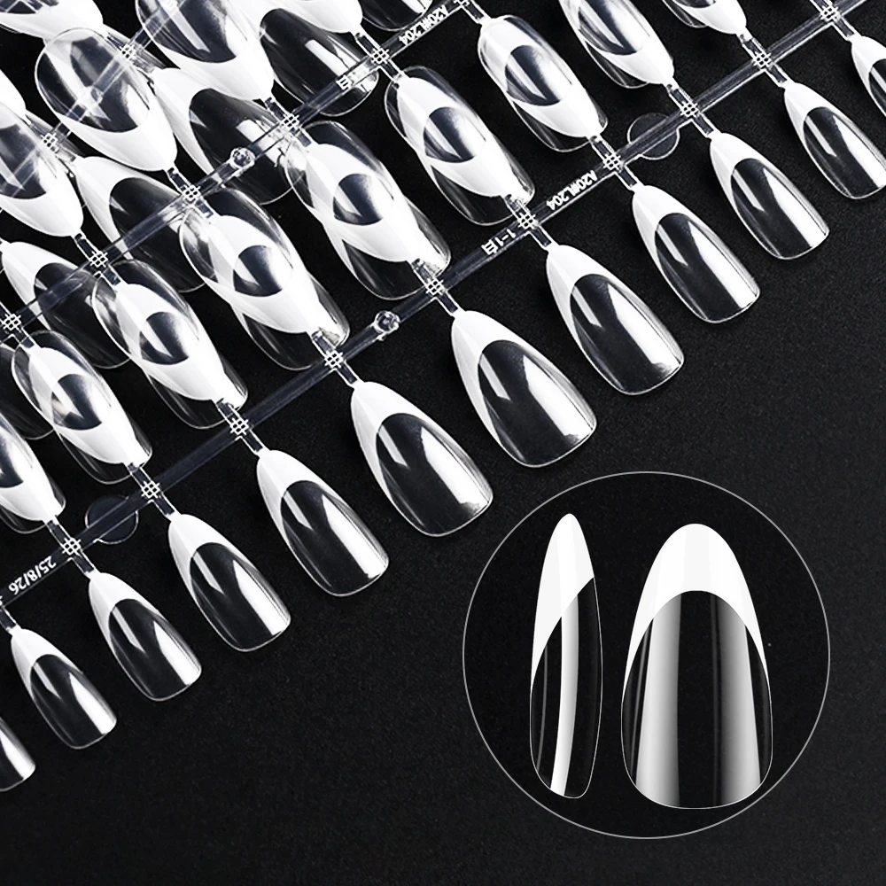 120 unids/bolsa de uñas postizas con punta blanca transparente, uñas postizas francesas brillantes, puntas de uñas postizas de almendra francesa de longitud media
