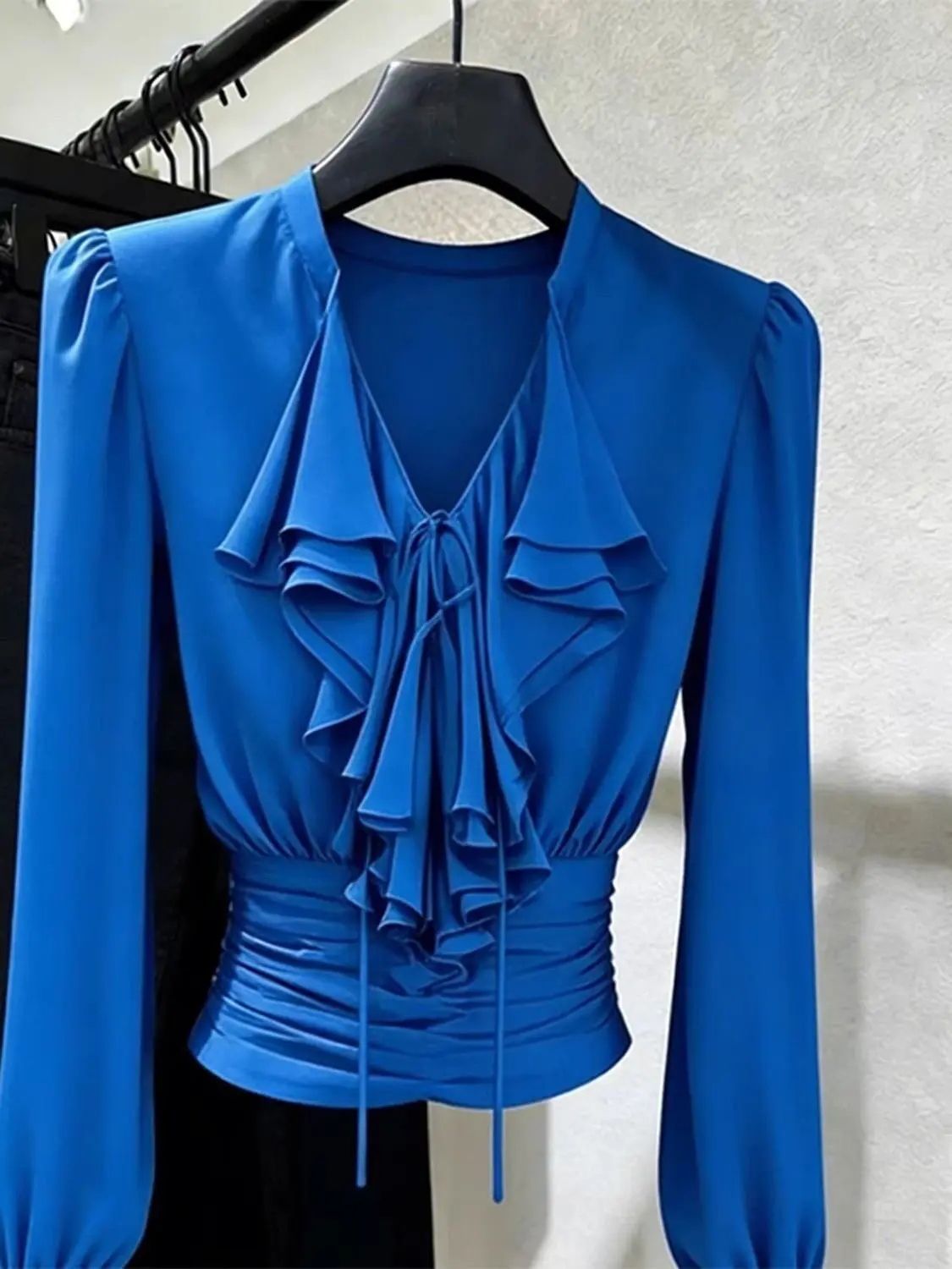 Royal Blue Ruffle V-Neck Ruched Waist Blouse | Long Sleeve Puff Shoulder Tie Front Top Elegant Office Wear Satin Shirt for Women