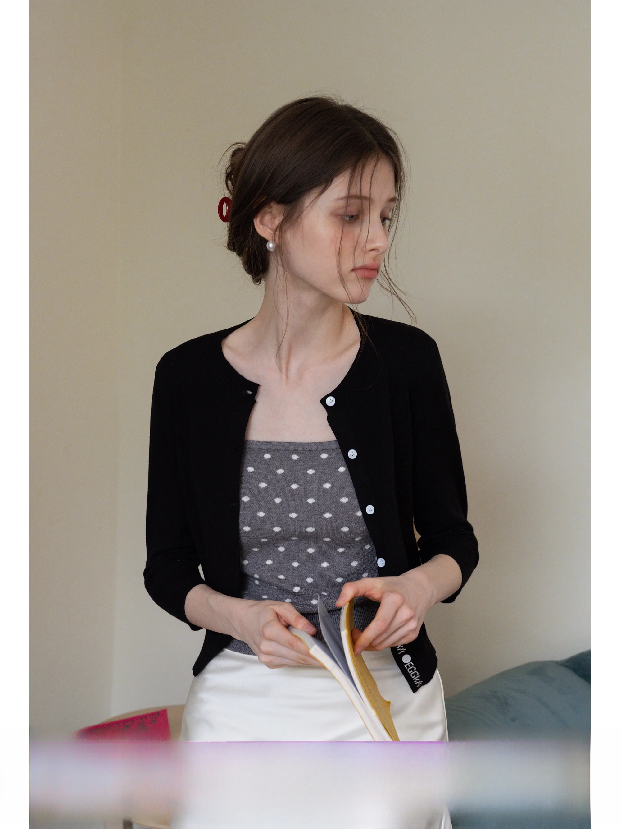 

Вязаный кардиган EGGKA с круглым вырезом и рукавом 7/8, приталенный, универсальный, нежный топ, женская модная повседневная одежда