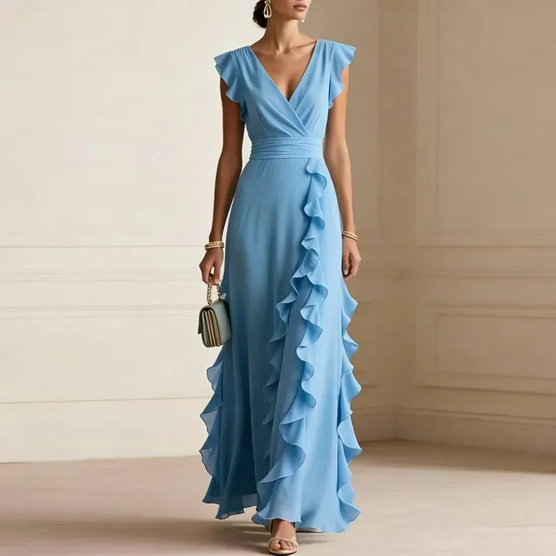 Bohemian Chic Solid Ruffle Pleated Party Dress Woman Sexy V Neck High Waist Long Dress Spring Summer Butterfly Sleeve Maxi Dress