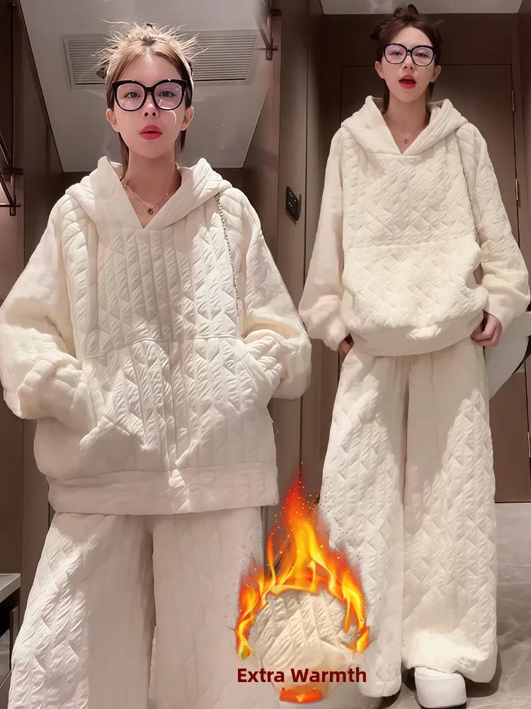 

Thiened Fce Warm Winter Faionable Women's Two-Piece Set with Wide Leg Pants And Coat High Waist And Long Sve