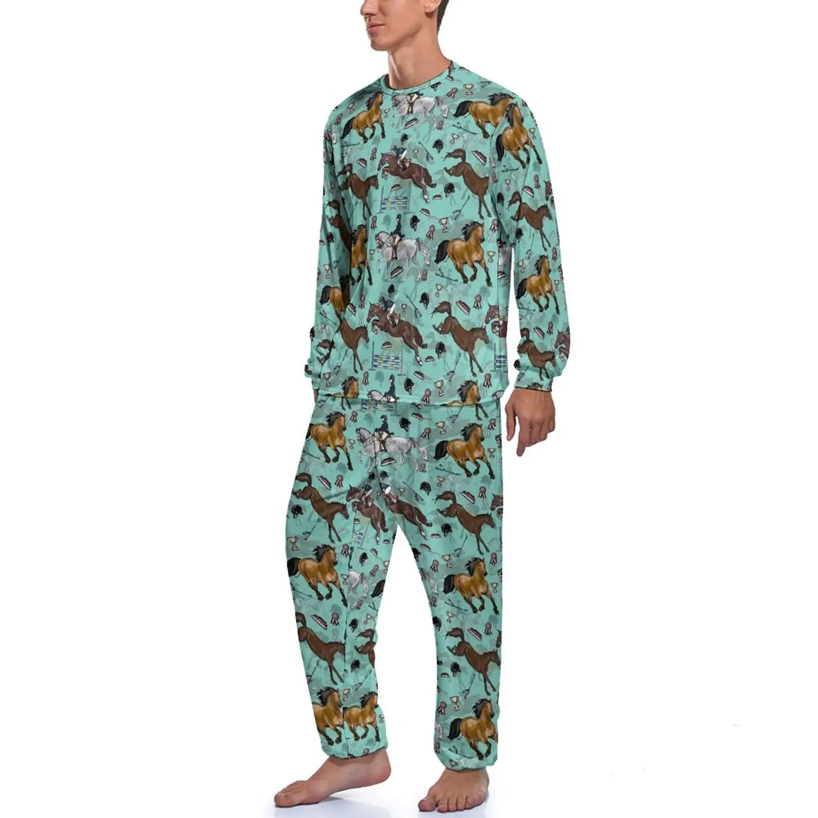 Equestrian Horse Pajamas Spring Retro Print Room Sleepwear Male Two Piece Custom Long Sleeve Fashion Pajamas Set