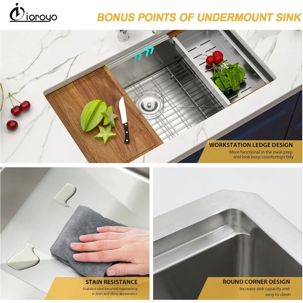 Évier de cuisine monocotole sous plan 33 x 19 en acier inoxydable T304 calibre 16 par IOROYO