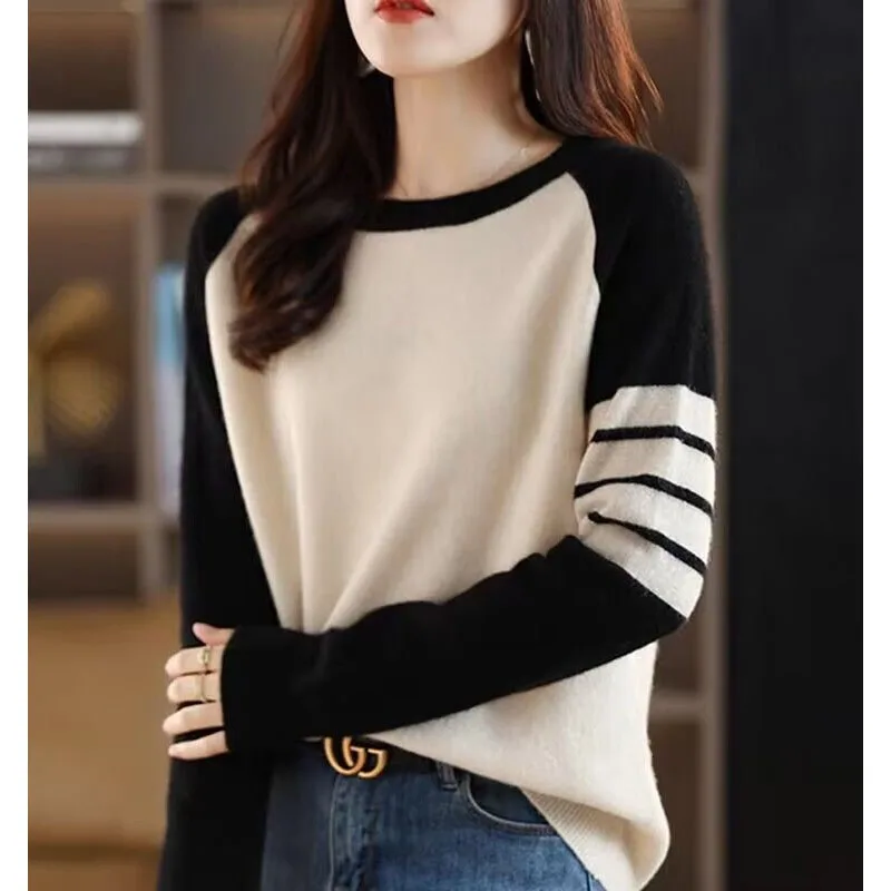 New Fashionable and Fashionable Round Neck Colored Loose Versatile Slim Casual and Simple Women\'s Knitted Long Sleeve Sweater