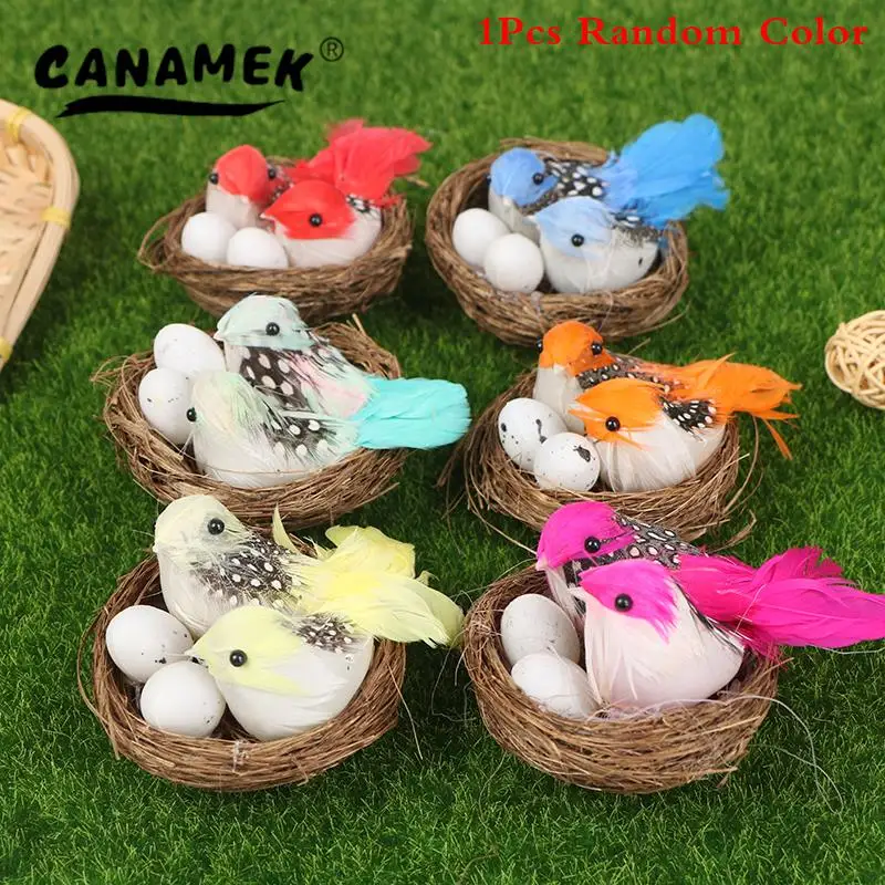 1 Set Artificial Feathered Birds & Nest & Egg Creative Craft Birds Sculpture Art Decoration Home Garden