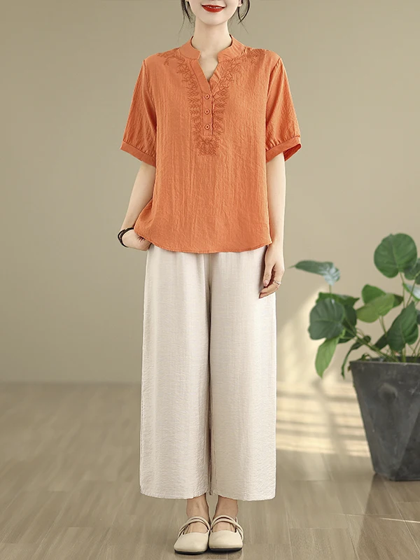 2025年夏 レディース コットンリネン 刺繍入りトップス ハイウエスト ワイドレッグパンツ ツーピースセット おしゃれ 快適 通気性