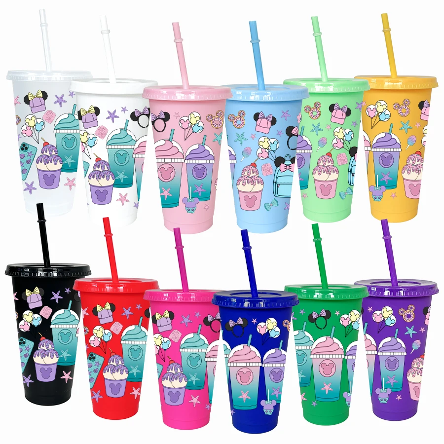 12 pièces/paquet Disney, avatar de Minnie, tasse d'eau en plastique multicolore de 26oz, ustensiles de boisson pour fête, cadeau d'anniversaire/retour à l'école