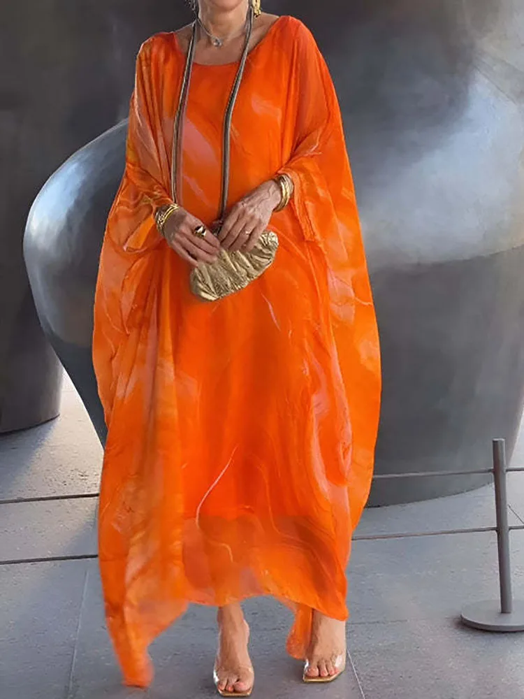 2024 Pols Mouw Print Patchwork Maxi Jurk, Vrouwen O-Hals Mode Elegante Feestjurk, Lente Herfst Eenvoudige Losse Dames Jurk