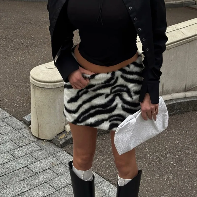 Talenza Y2K Zebra Print Mini Skirt Women Plush Fuzzy High Waist Bodycon Short Skirt Autumn Winter Party Streetwear Lady Bottoms