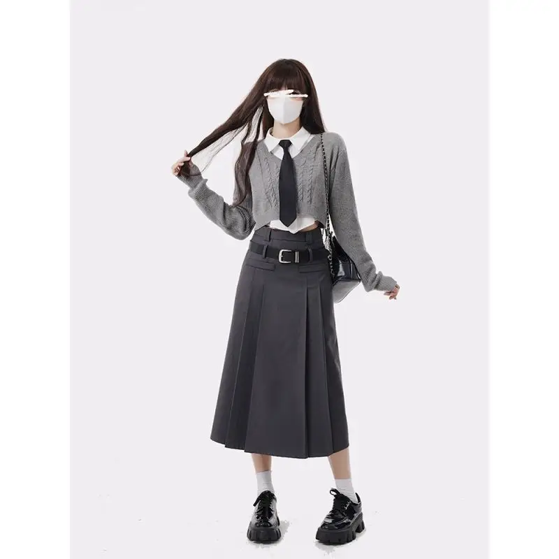 Harajuku Fashion 3 Piece Set Woman Casual Shirt + Short Knitted Sweater + High Waist Grey Midi Skirts Preppy Style Suit 2023