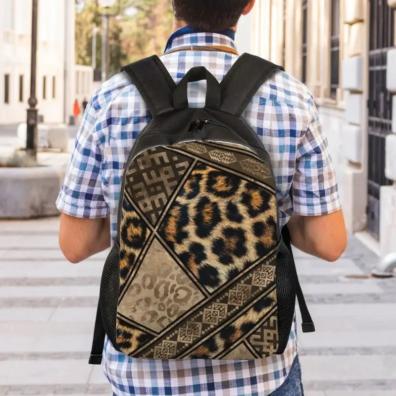 Mochilas de piel de leopardo personalizadas con adornos geométricos étnicos y tribales, bolsa de libros básica para la Escuela Universitaria, bolsas de textura de cuero de animales