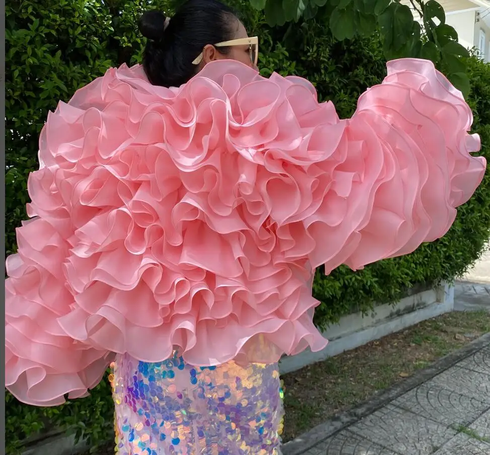 organza Jacket Top Ruffles Pink Blouse Tulle Layered Party Wear gown cropped ruffles jacket for women custom size