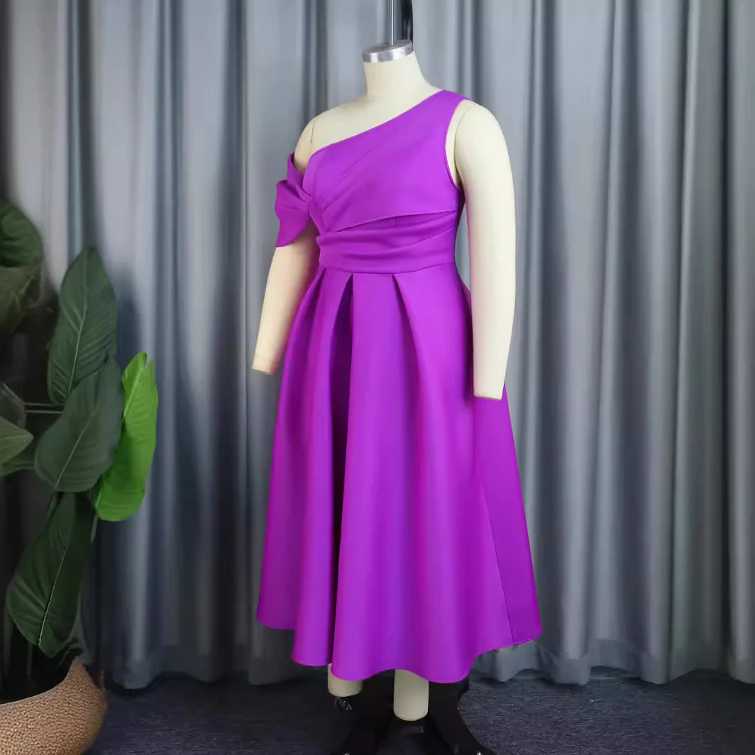 AM030418 Purple One Shoulder Diagonal Neck Sexy Dress Casual office ladyr Shopping A-line Dress