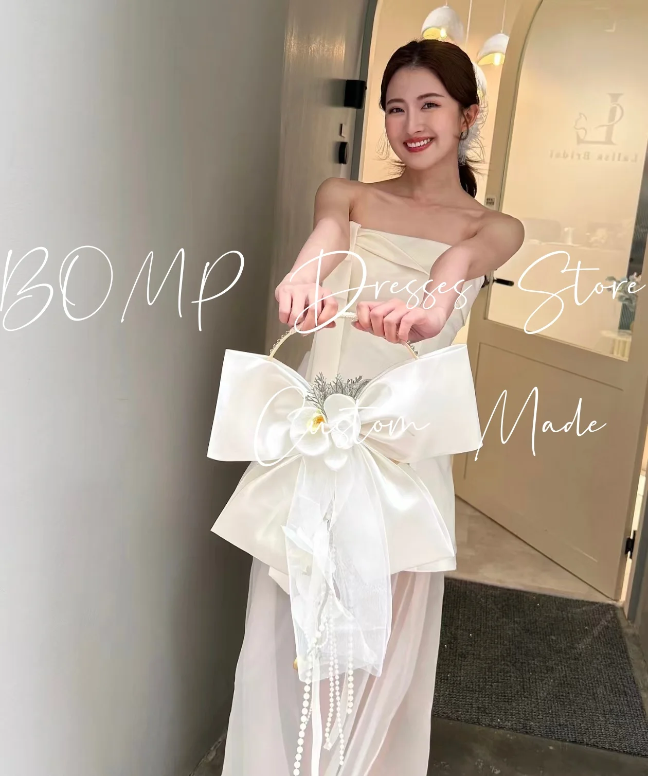 

BOMP Elegant Bow Ivory Satin Wedding Party Dress Strapless A-Line Illusion Korea Photo Shoot Evening Gown Customized웨딩드레스
