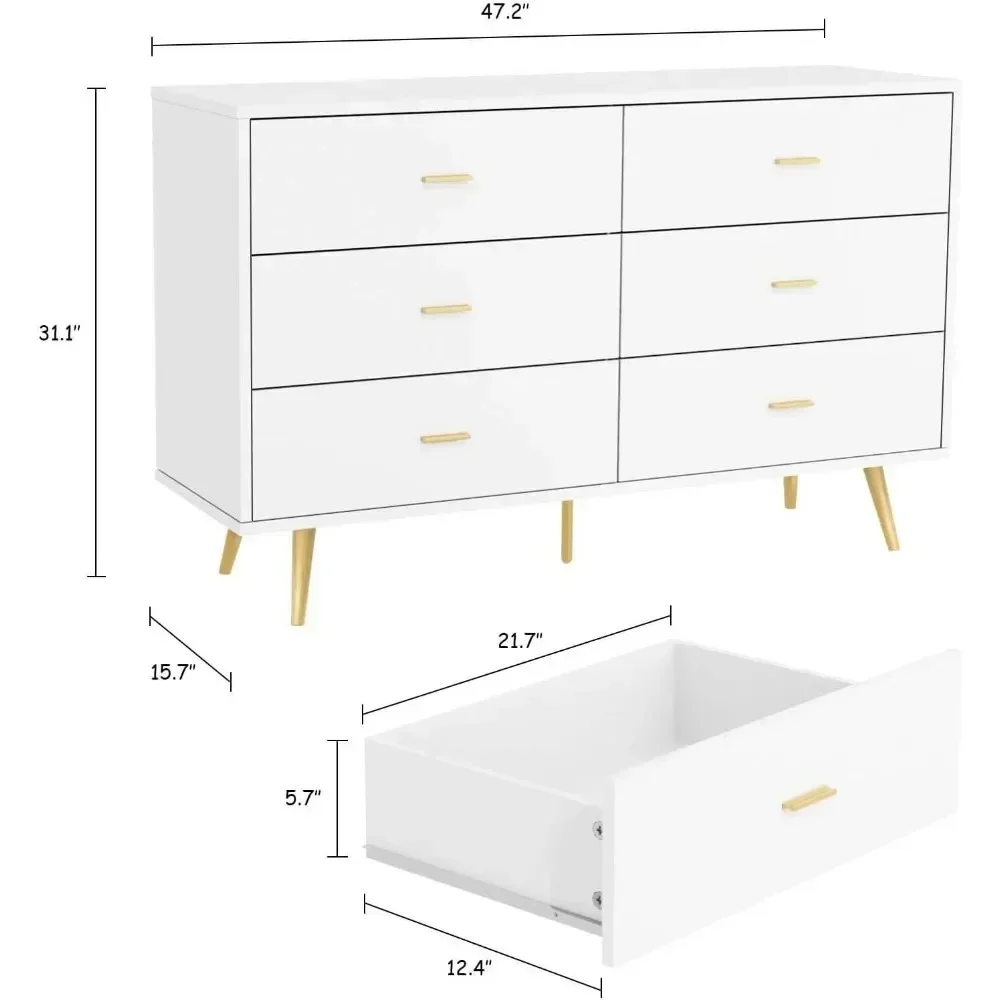 White Dresser, 6 Drawer Dresser for Bedroom with Wide Drawers and Metal Handles, Modern Wood Storage Chest of Drawers for Living